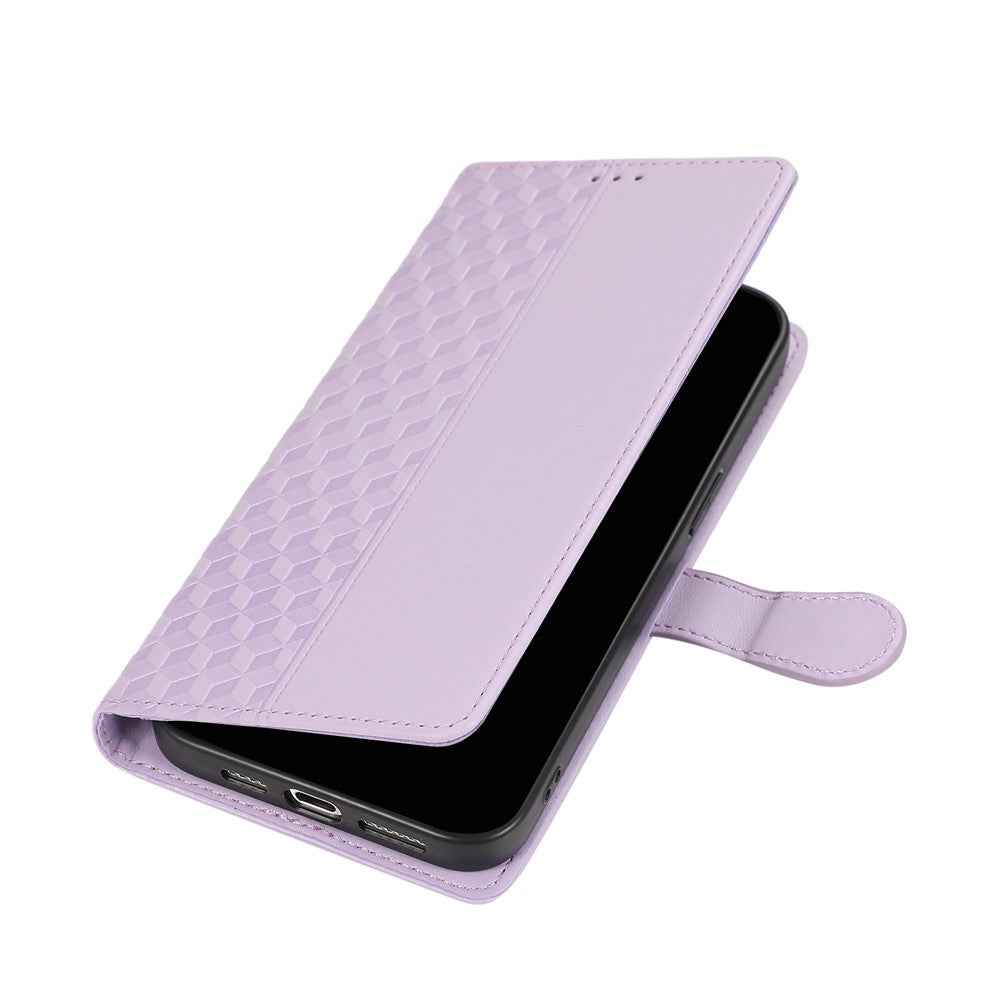 For Samsung Galaxy A57 5G Case 3D Rhombus Grid Imprinted Wallet Leather Phone Cover with Lanyard - Purple