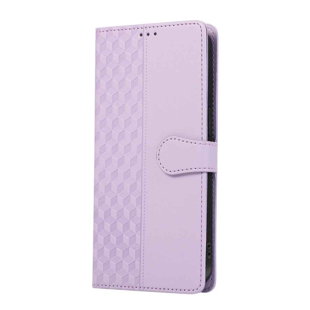 For Samsung Galaxy A57 5G Case 3D Rhombus Grid Imprinted Wallet Leather Phone Cover with Lanyard - Purple