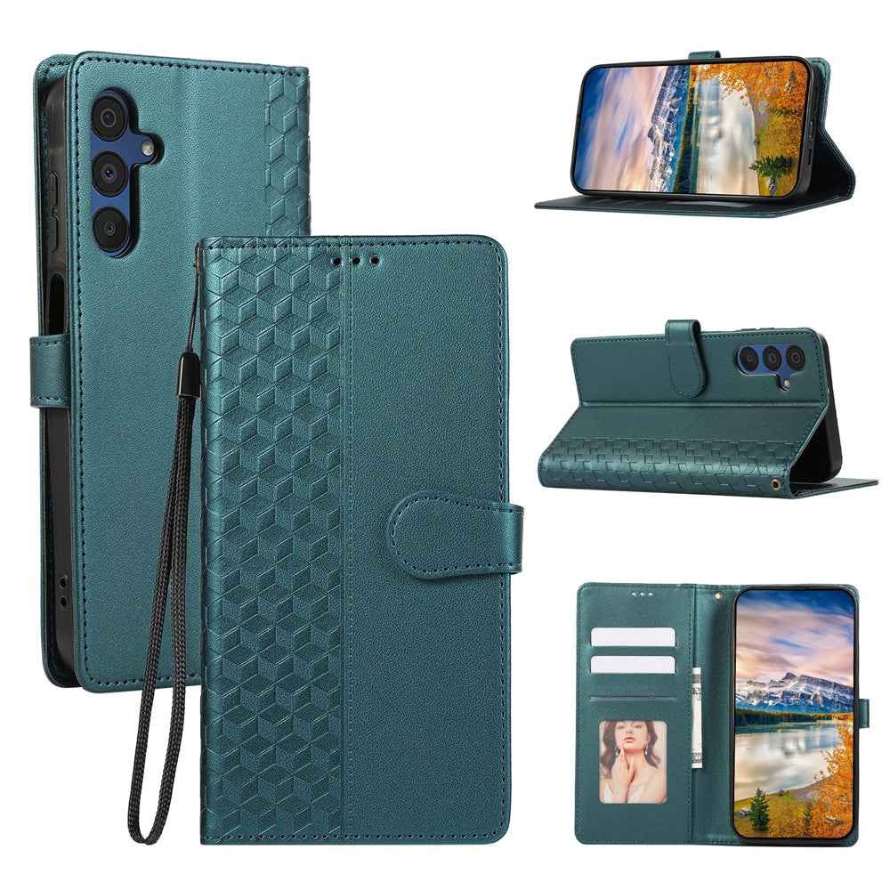 For Samsung Galaxy A57 5G Case 3D Rhombus Grid Imprinted Wallet Leather Phone Cover with Lanyard - Green
