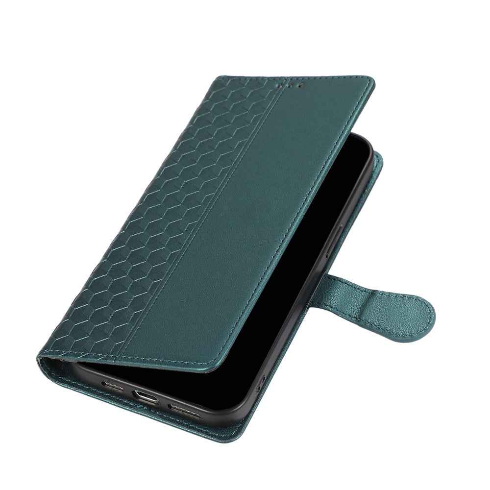 For Samsung Galaxy A57 5G Case 3D Rhombus Grid Imprinted Wallet Leather Phone Cover with Lanyard - Green