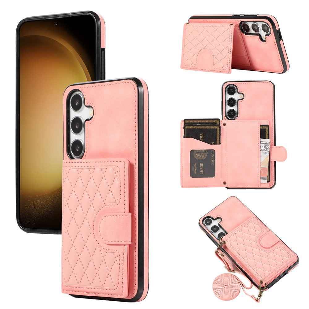For Samsung Galaxy A57 5G Kickstand Phone Case TPU+PU Leather Shoulder Phone Bag - Rose Gold