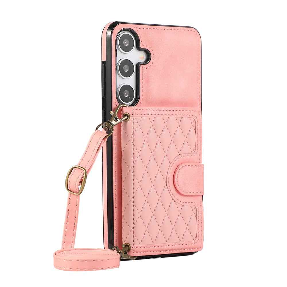 For Samsung Galaxy A57 5G Kickstand Phone Case TPU+PU Leather Shoulder Phone Bag - Rose Gold