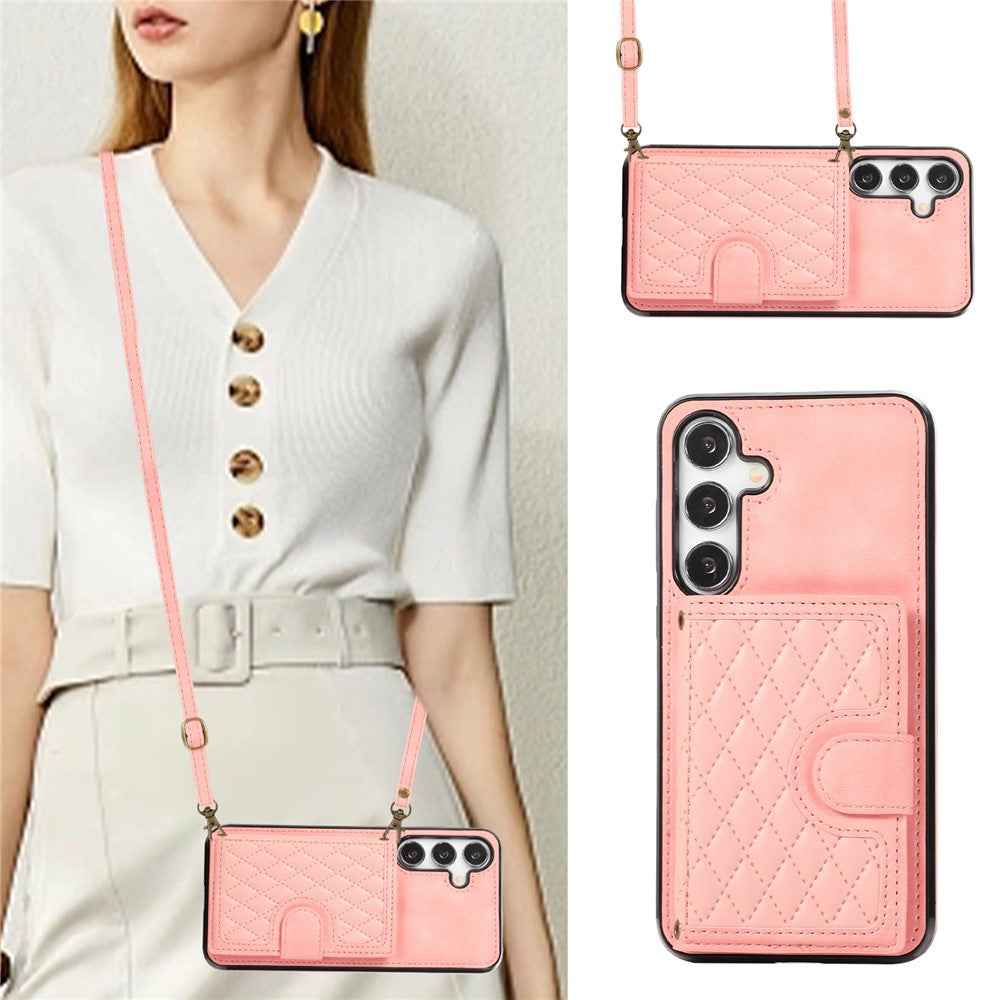 For Samsung Galaxy A57 5G Kickstand Phone Case TPU+PU Leather Shoulder Phone Bag - Rose Gold