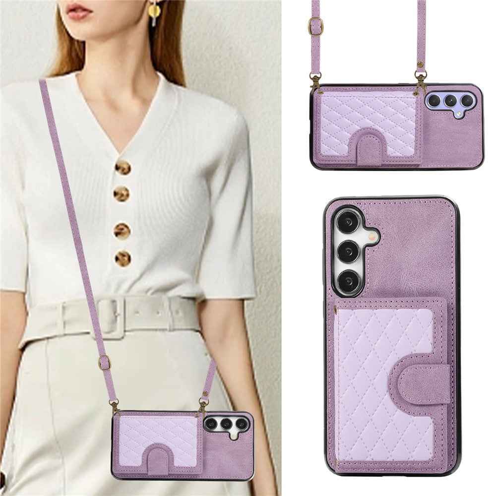 For Samsung Galaxy A57 5G Kickstand Phone Case TPU+PU Leather Shoulder Phone Bag - Purple