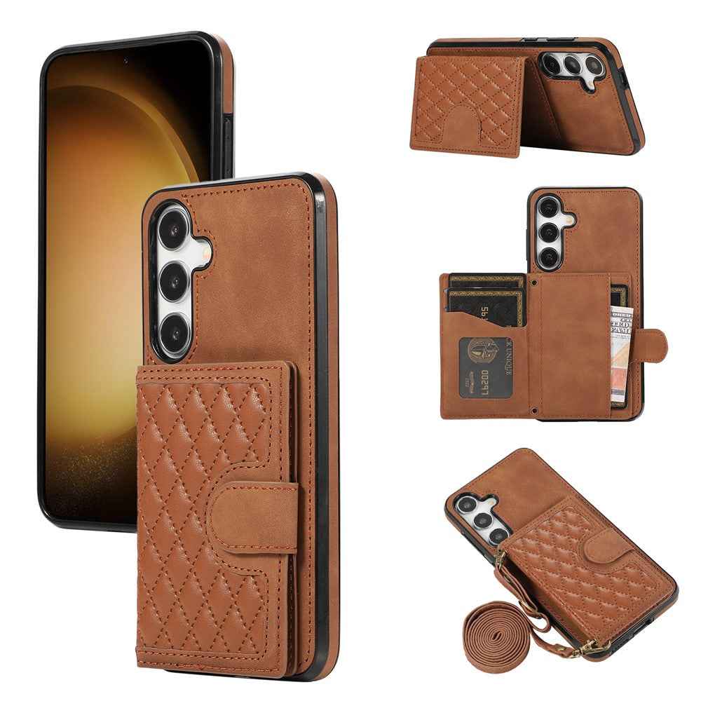 For Samsung Galaxy A57 5G Kickstand Phone Case TPU+PU Leather Shoulder Phone Bag - Brown