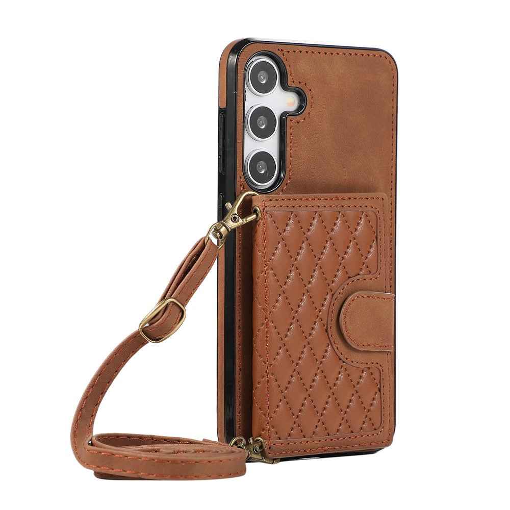For Samsung Galaxy A57 5G Kickstand Phone Case TPU+PU Leather Shoulder Phone Bag - Brown