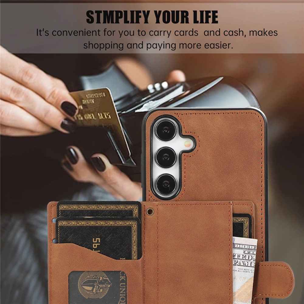 For Samsung Galaxy A57 5G Kickstand Phone Case TPU+PU Leather Shoulder Phone Bag - Brown