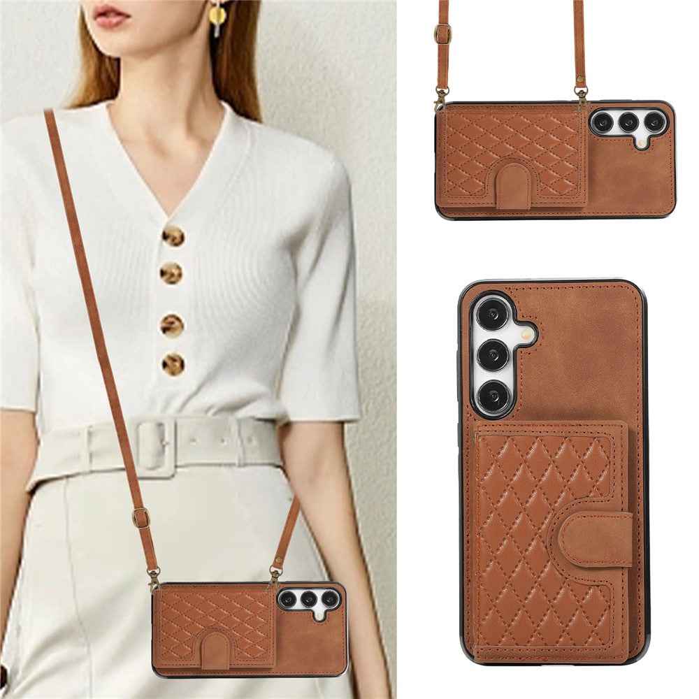 For Samsung Galaxy A57 5G Kickstand Phone Case TPU+PU Leather Shoulder Phone Bag - Brown