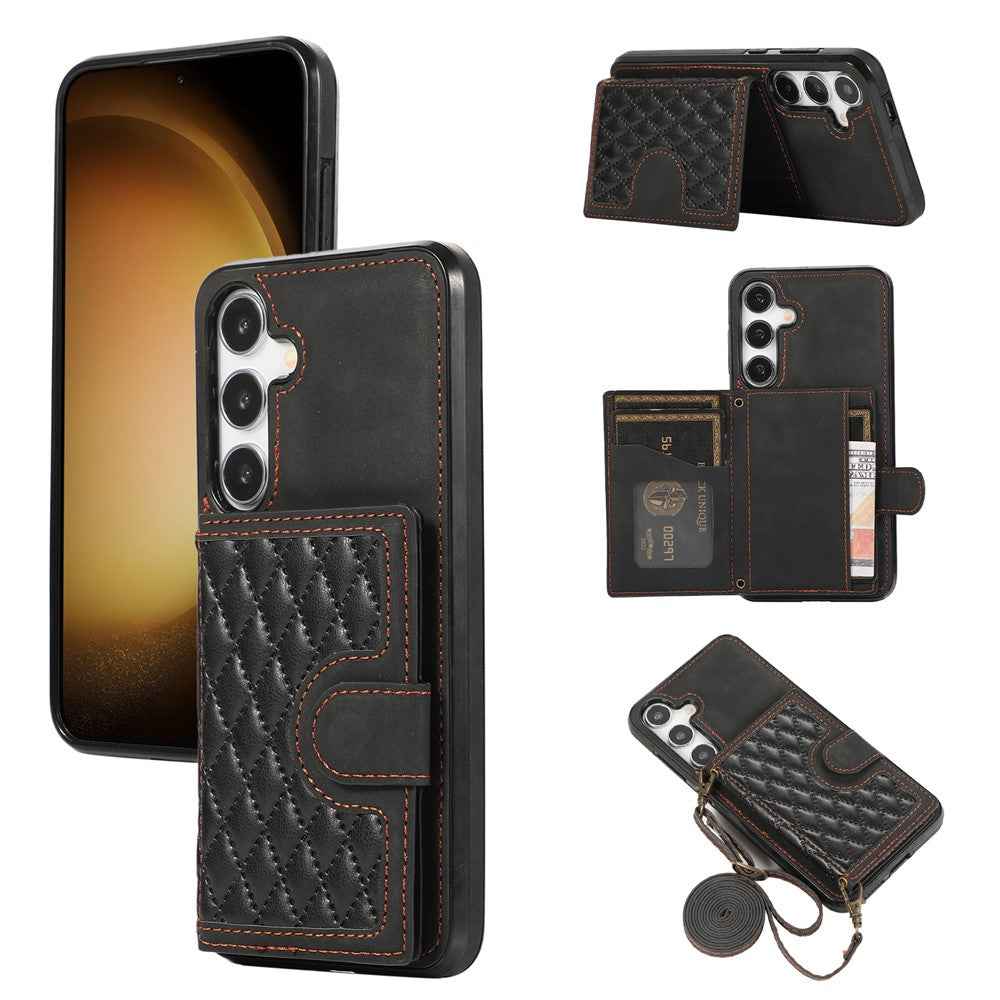 For Samsung Galaxy A57 5G Kickstand Phone Case TPU+PU Leather Shoulder Phone Bag - Black