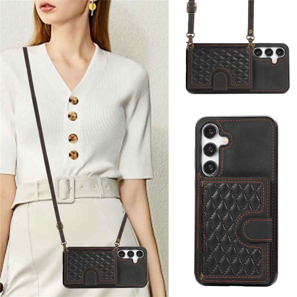 For Samsung Galaxy A57 5G Kickstand Phone Case TPU+PU Leather Shoulder Phone Bag - Black