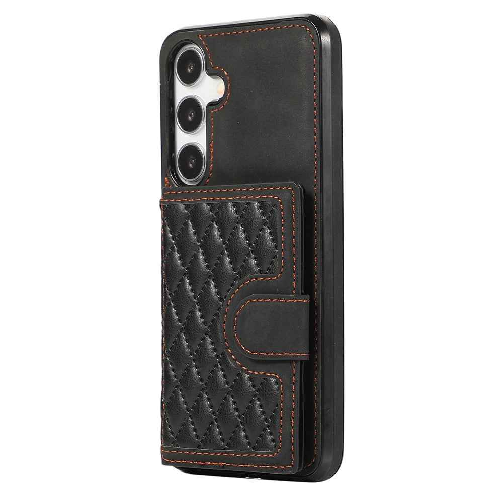 For Samsung Galaxy A57 5G Case Rhombus Grid TPU PU Leather PC Phone Cover with Card Holder Kickstand - Black