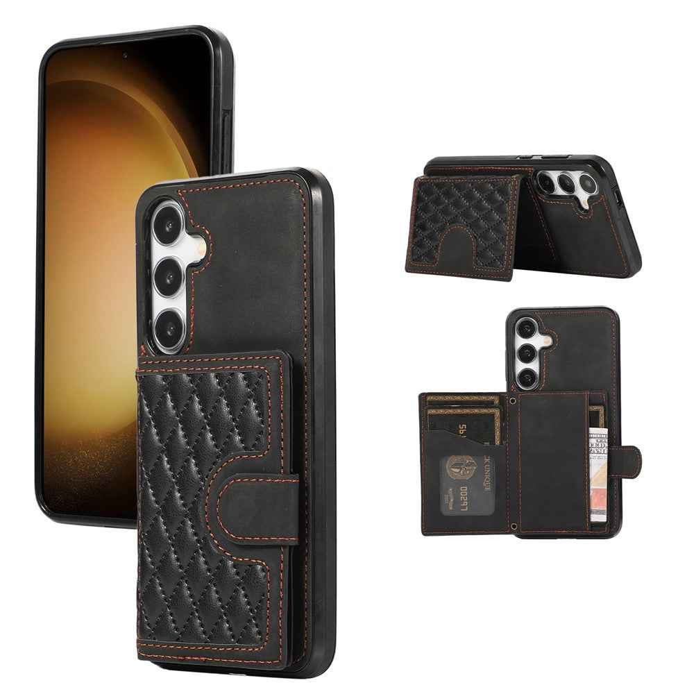 For Samsung Galaxy A57 5G Case Rhombus Grid TPU PU Leather PC Phone Cover with Card Holder Kickstand - Black