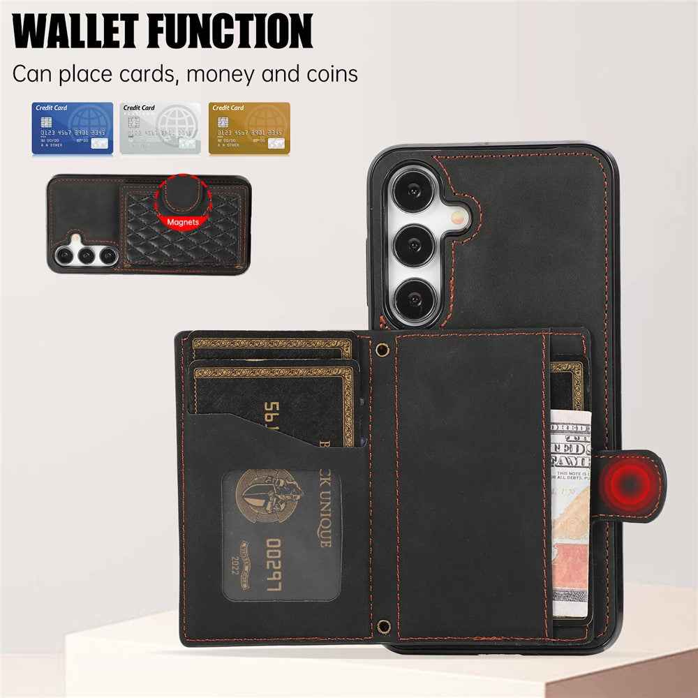 For Samsung Galaxy A57 5G Case Rhombus Grid TPU PU Leather PC Phone Cover with Card Holder Kickstand - Black