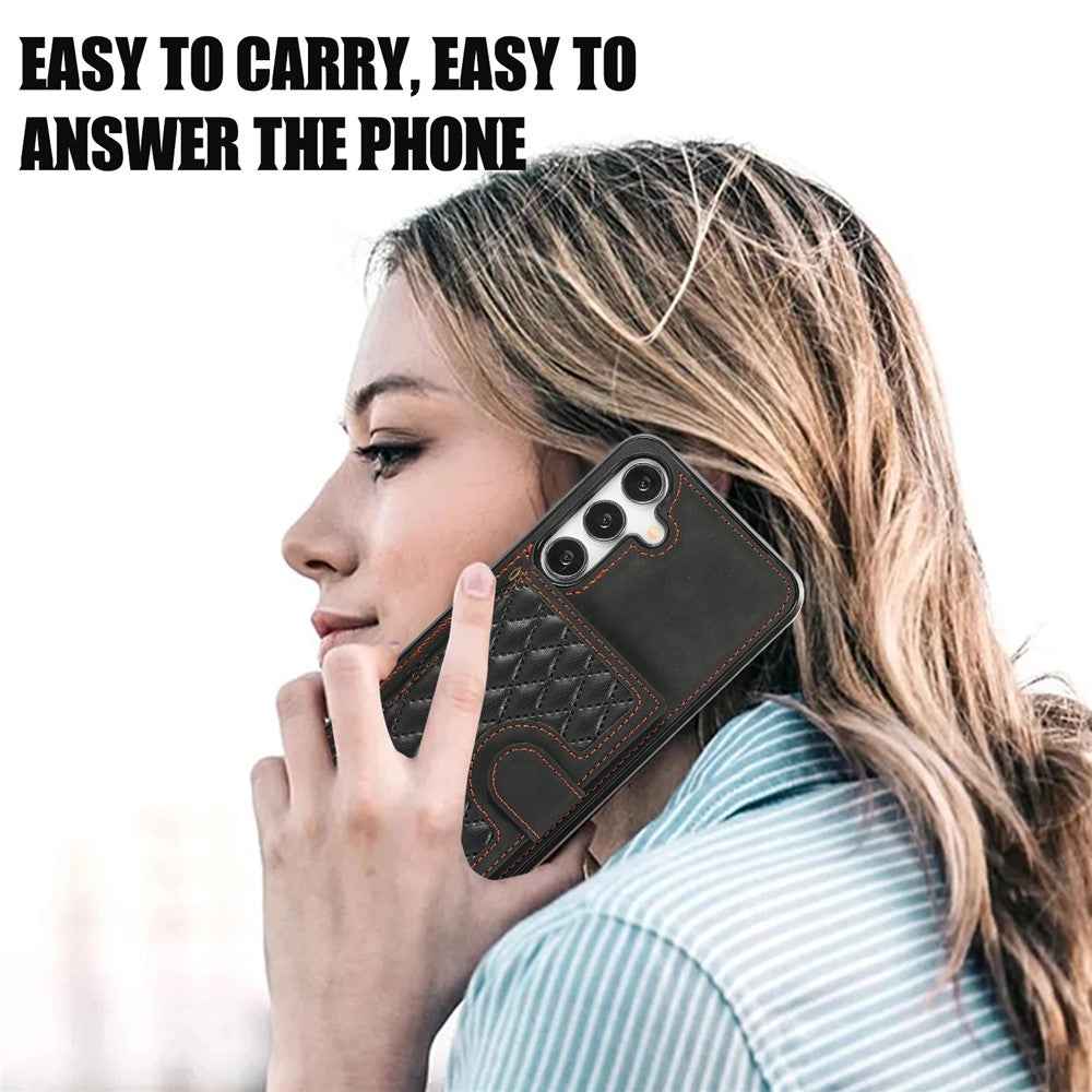 For Samsung Galaxy A57 5G Case Rhombus Grid TPU PU Leather PC Phone Cover with Card Holder Kickstand - Black
