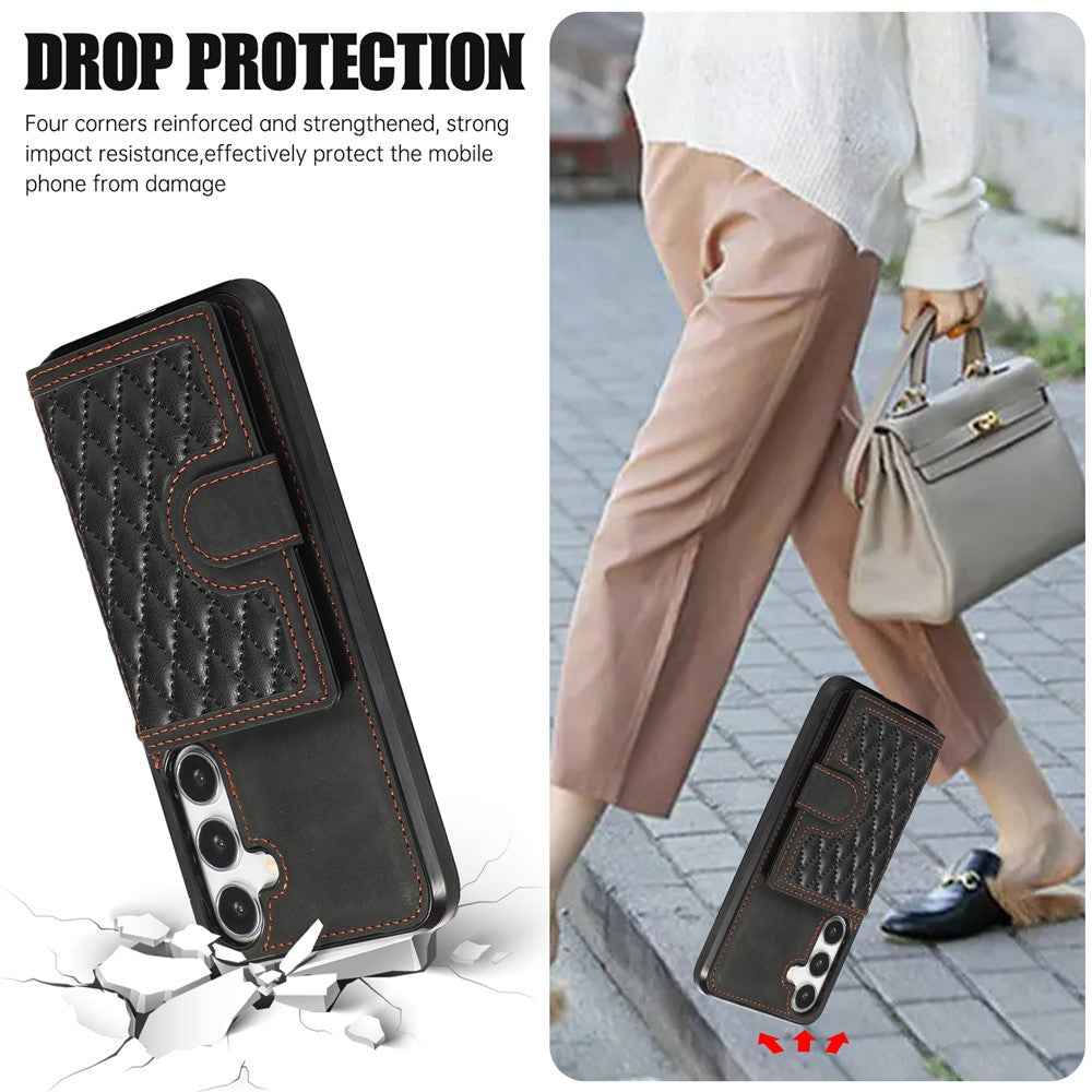 For Samsung Galaxy A57 5G Case Rhombus Grid TPU PU Leather PC Phone Cover with Card Holder Kickstand - Black