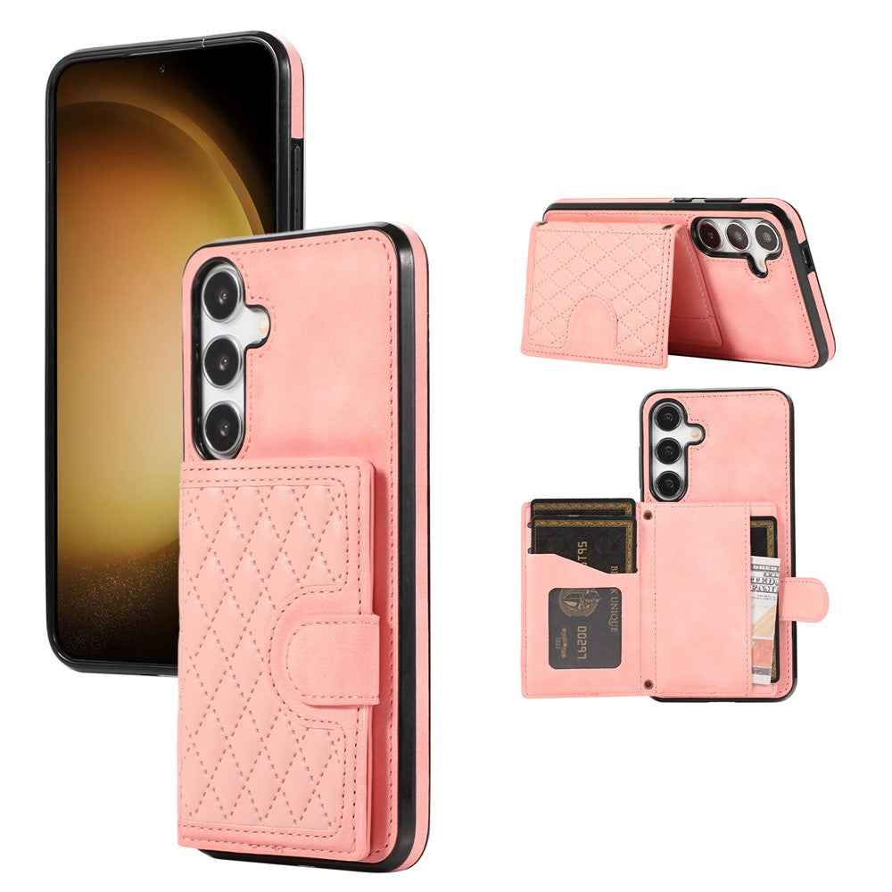 For Samsung Galaxy A57 5G Case Rhombus Grid TPU PU Leather PC Phone Cover with Card Holder Kickstand - Rose Gold