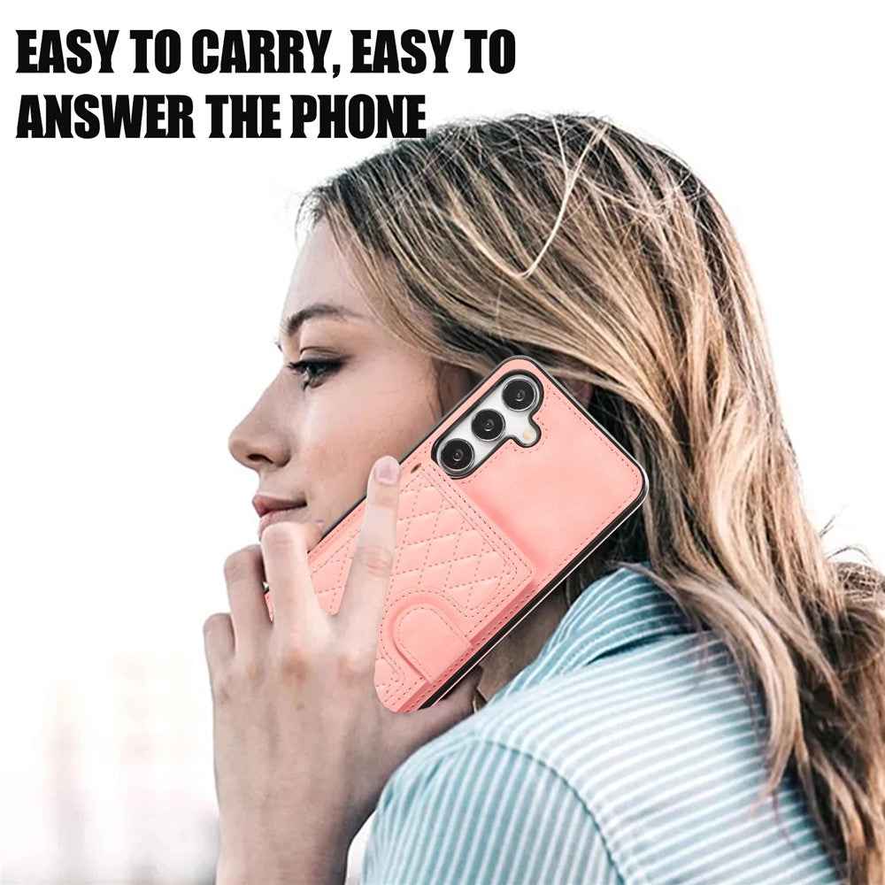 For Samsung Galaxy A57 5G Case Rhombus Grid TPU PU Leather PC Phone Cover with Card Holder Kickstand - Rose Gold