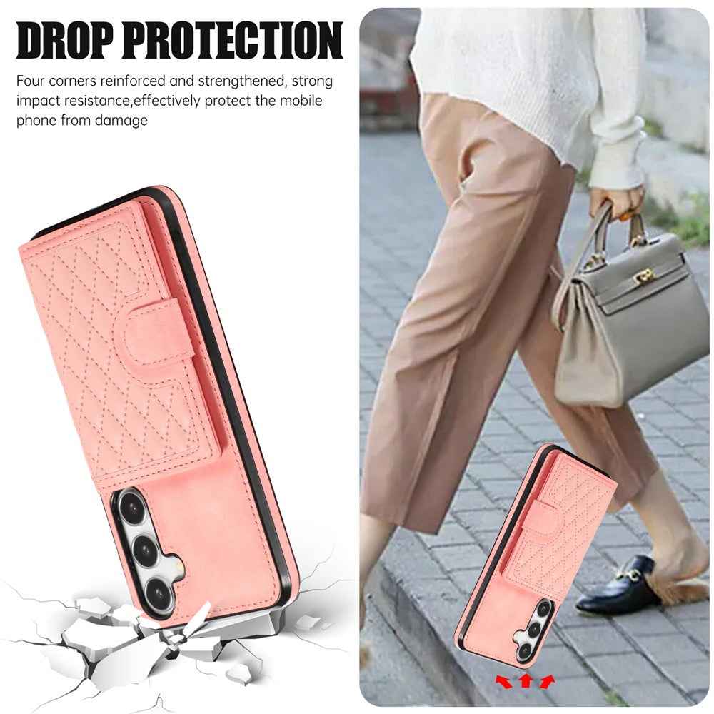 For Samsung Galaxy A57 5G Case Rhombus Grid TPU PU Leather PC Phone Cover with Card Holder Kickstand - Rose Gold