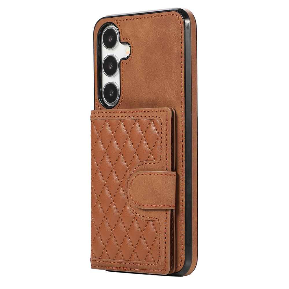 For Samsung Galaxy A57 5G Case Rhombus Grid TPU PU Leather PC Phone Cover with Card Holder Kickstand - Brown