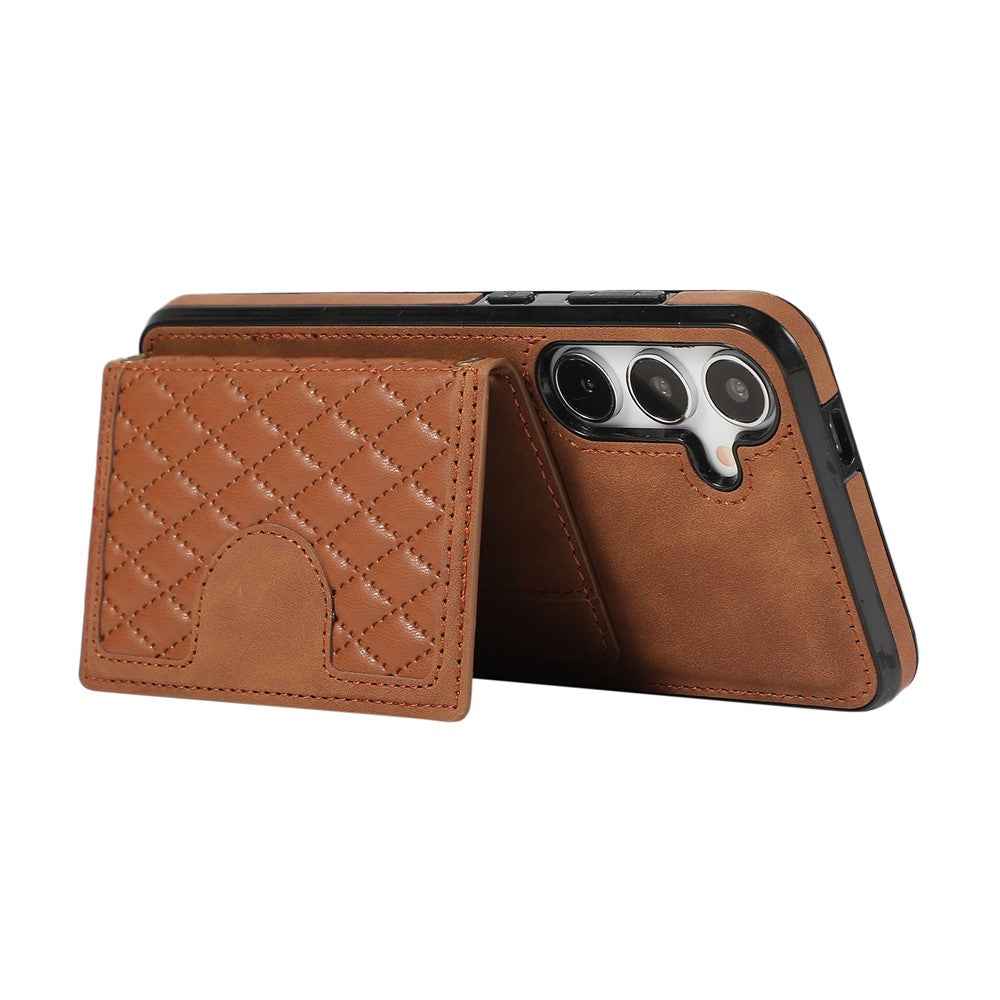 For Samsung Galaxy A57 5G Case Rhombus Grid TPU PU Leather PC Phone Cover with Card Holder Kickstand - Brown