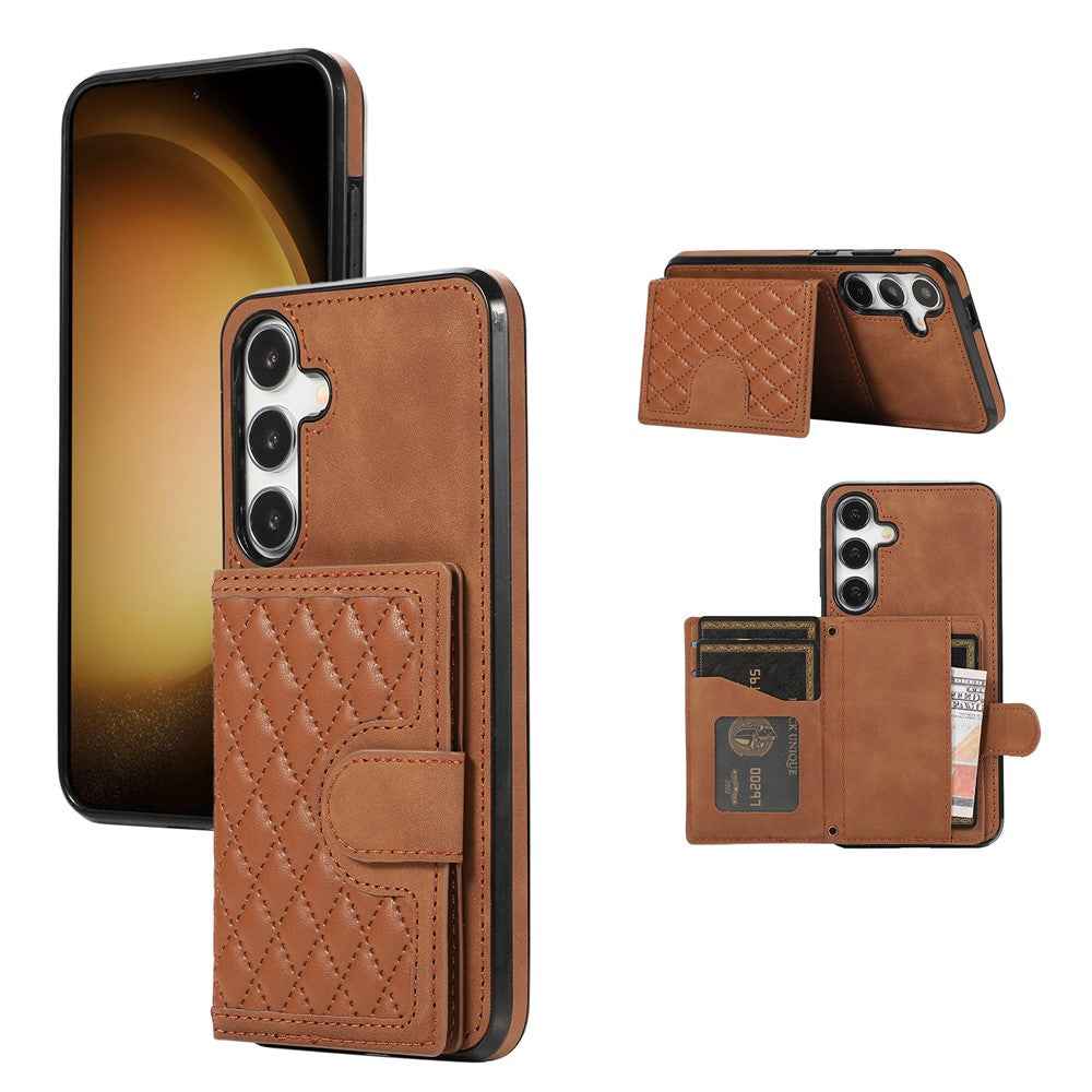 For Samsung Galaxy A57 5G Case Rhombus Grid TPU PU Leather PC Phone Cover with Card Holder Kickstand - Brown