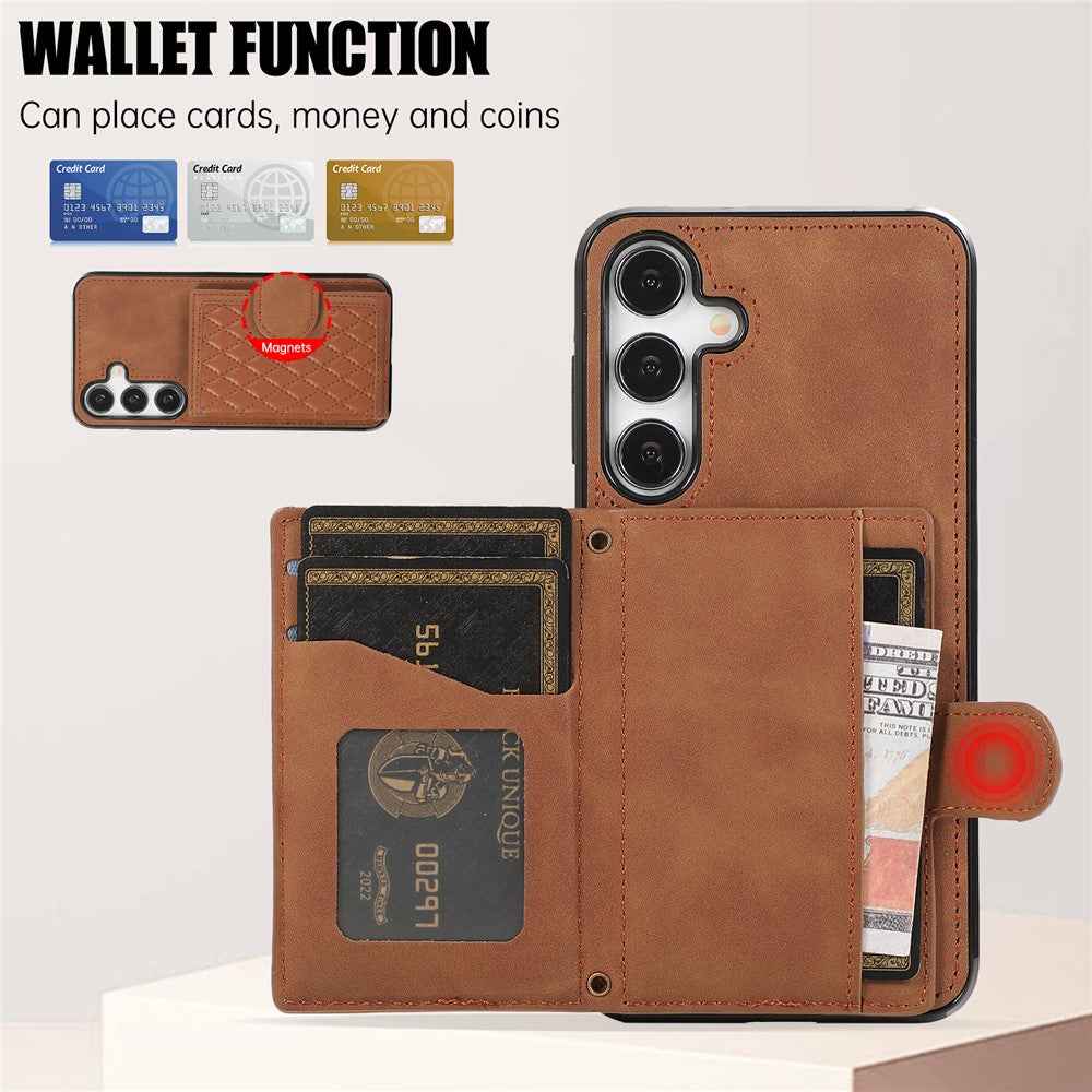 For Samsung Galaxy A57 5G Case Rhombus Grid TPU PU Leather PC Phone Cover with Card Holder Kickstand - Brown