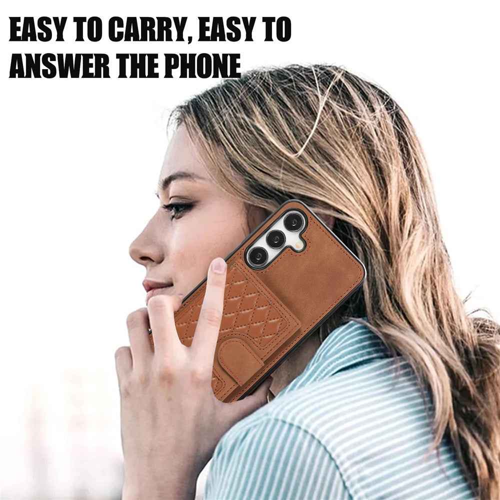 For Samsung Galaxy A57 5G Case Rhombus Grid TPU PU Leather PC Phone Cover with Card Holder Kickstand - Brown