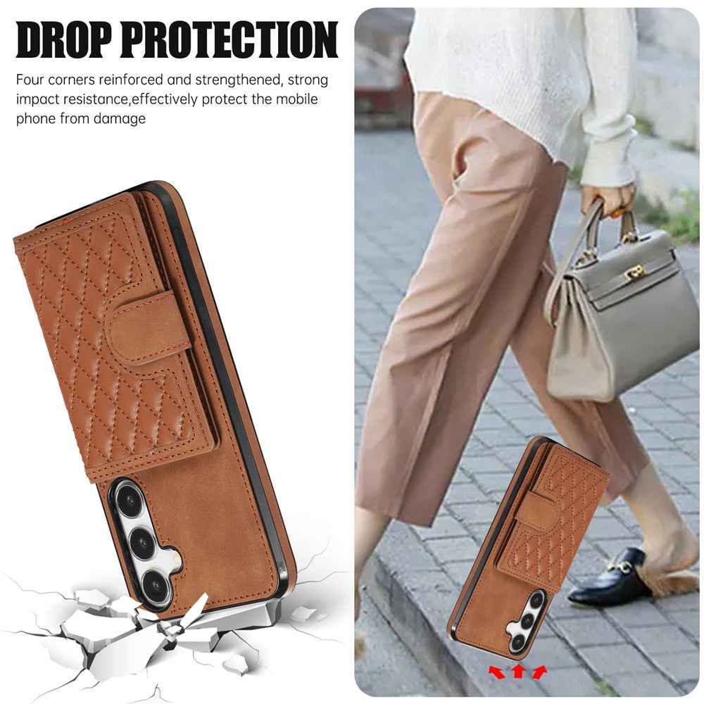 For Samsung Galaxy A57 5G Case Rhombus Grid TPU PU Leather PC Phone Cover with Card Holder Kickstand - Brown