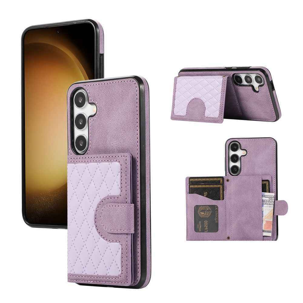For Samsung Galaxy A57 5G Case Rhombus Grid TPU PU Leather PC Phone Cover with Card Holder Kickstand - Purple