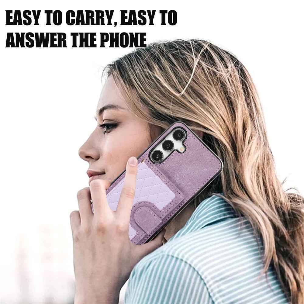 For Samsung Galaxy A57 5G Case Rhombus Grid TPU PU Leather PC Phone Cover with Card Holder Kickstand - Purple