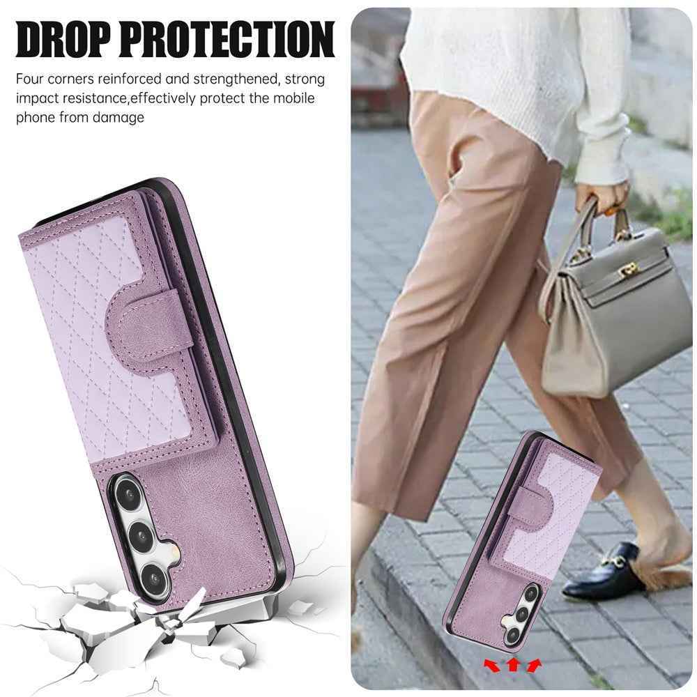 For Samsung Galaxy A57 5G Case Rhombus Grid TPU PU Leather PC Phone Cover with Card Holder Kickstand - Purple
