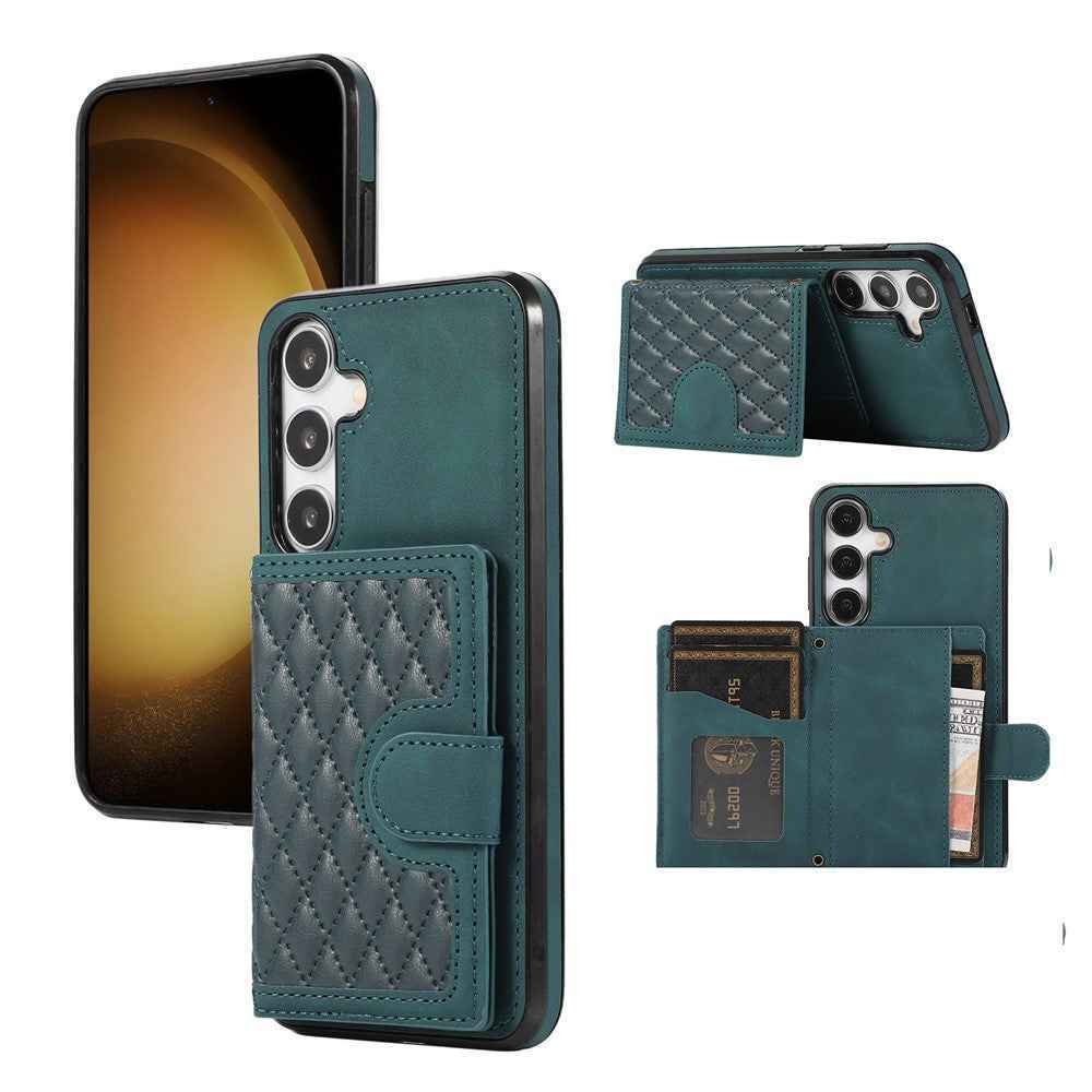 For Samsung Galaxy A57 5G Case Rhombus Grid TPU PU Leather PC Phone Cover with Card Holder Kickstand - Green