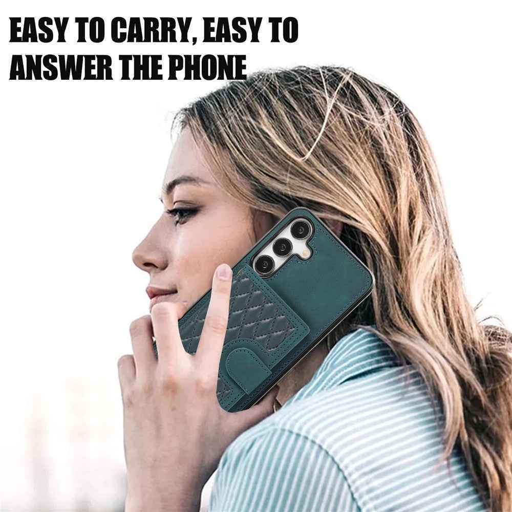 For Samsung Galaxy A57 5G Case Rhombus Grid TPU PU Leather PC Phone Cover with Card Holder Kickstand - Green