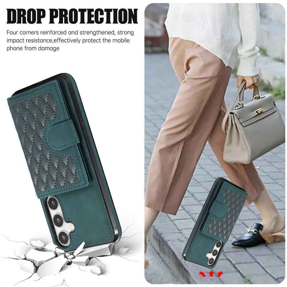 For Samsung Galaxy A57 5G Case Rhombus Grid TPU PU Leather PC Phone Cover with Card Holder Kickstand - Green