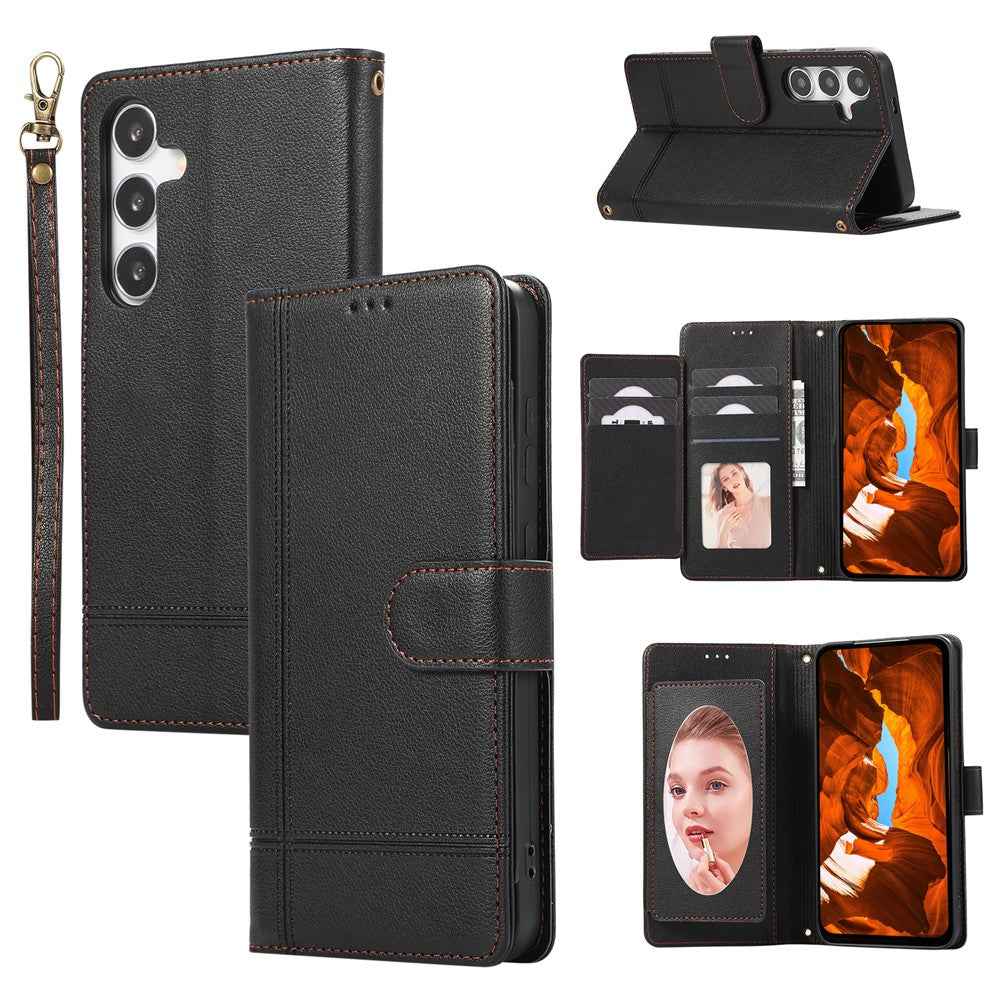 For Samsung Galaxy A57 5G Case TPU PU Leather Folio Flip Shockproof Phone Cover with Mirror - Black