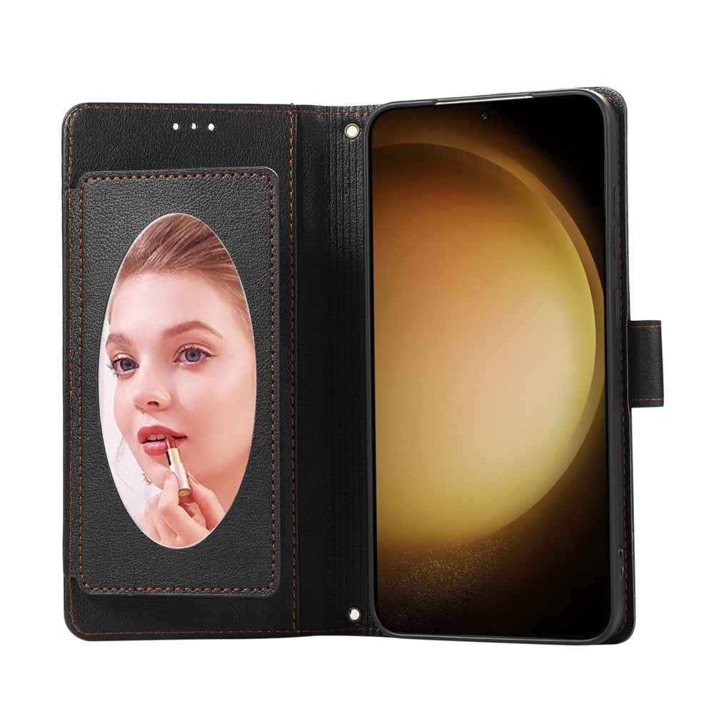 For Samsung Galaxy A57 5G Case TPU PU Leather Folio Flip Shockproof Phone Cover with Mirror - Black