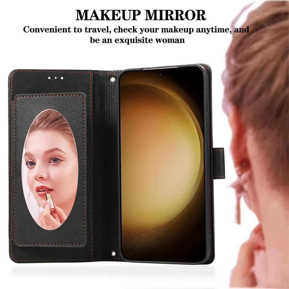 For Samsung Galaxy A57 5G Case TPU PU Leather Folio Flip Shockproof Phone Cover with Mirror - Black