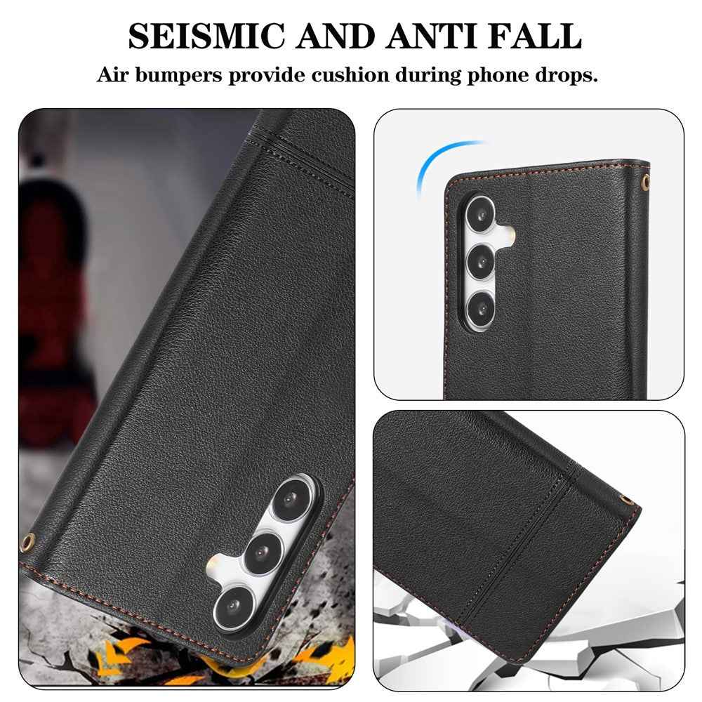 For Samsung Galaxy A57 5G Case TPU PU Leather Folio Flip Shockproof Phone Cover with Mirror - Black