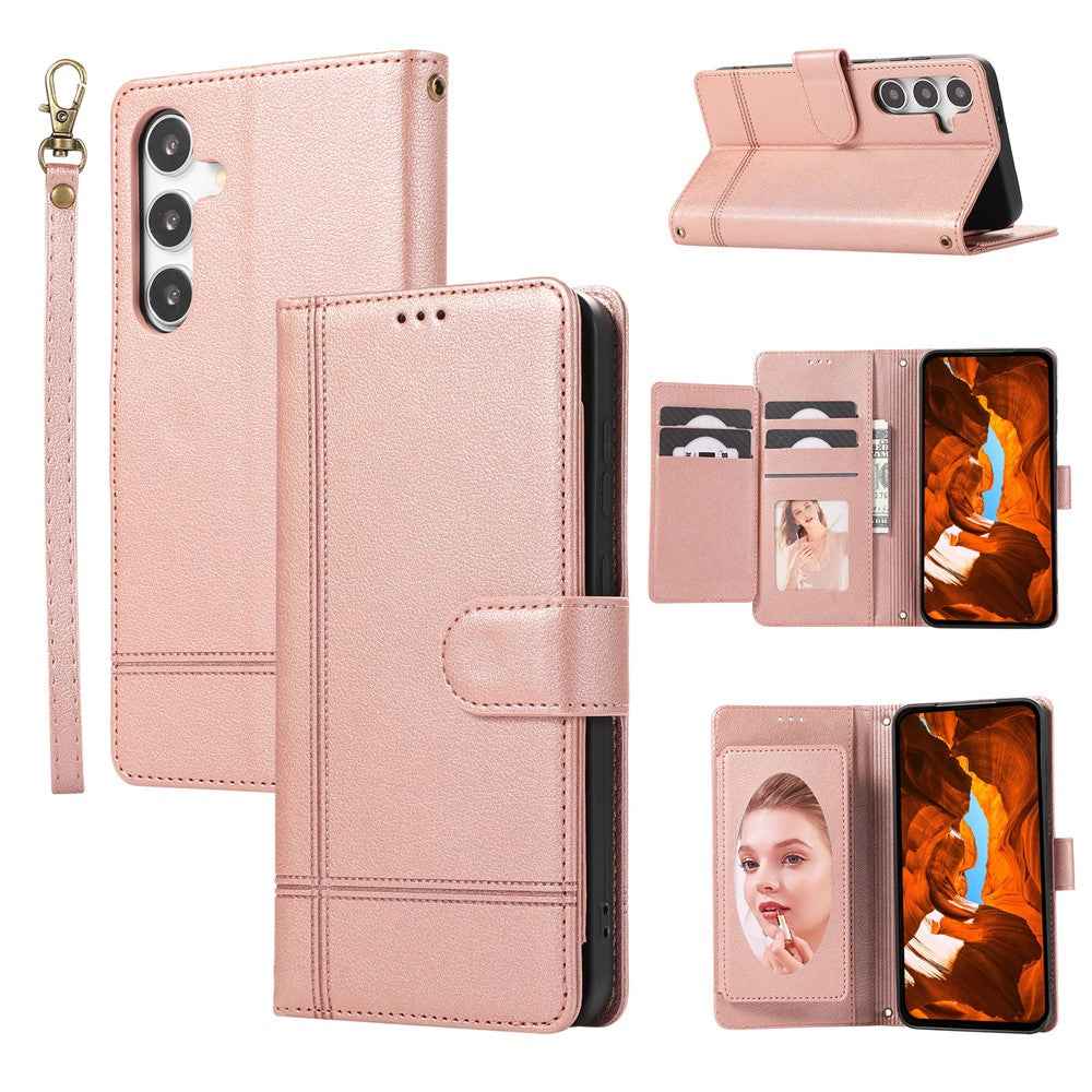 For Samsung Galaxy A57 5G Case TPU PU Leather Folio Flip Shockproof Phone Cover with Mirror - Rose Gold