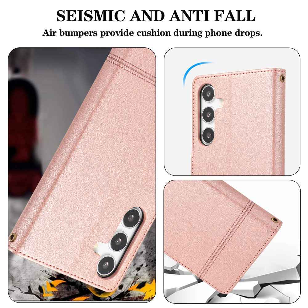 For Samsung Galaxy A57 5G Case TPU PU Leather Folio Flip Shockproof Phone Cover with Mirror - Rose Gold