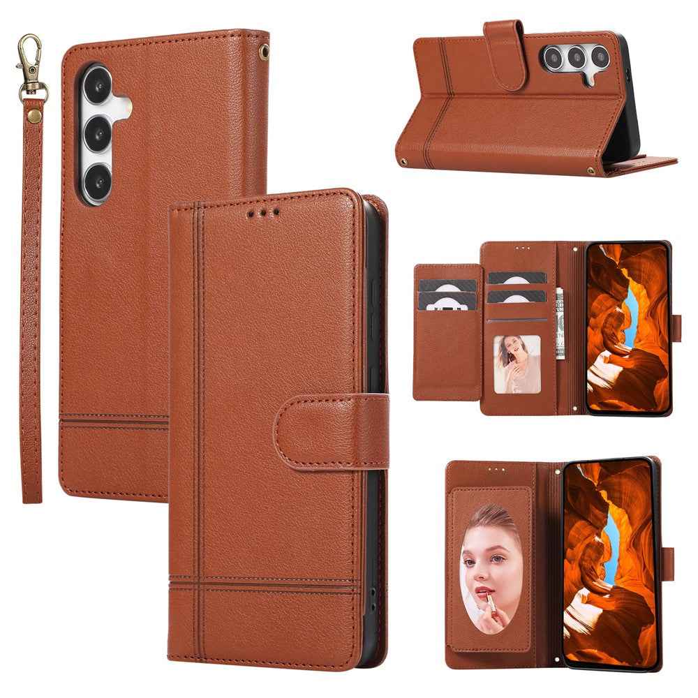 For Samsung Galaxy A57 5G Case TPU PU Leather Folio Flip Shockproof Phone Cover with Mirror - Brown