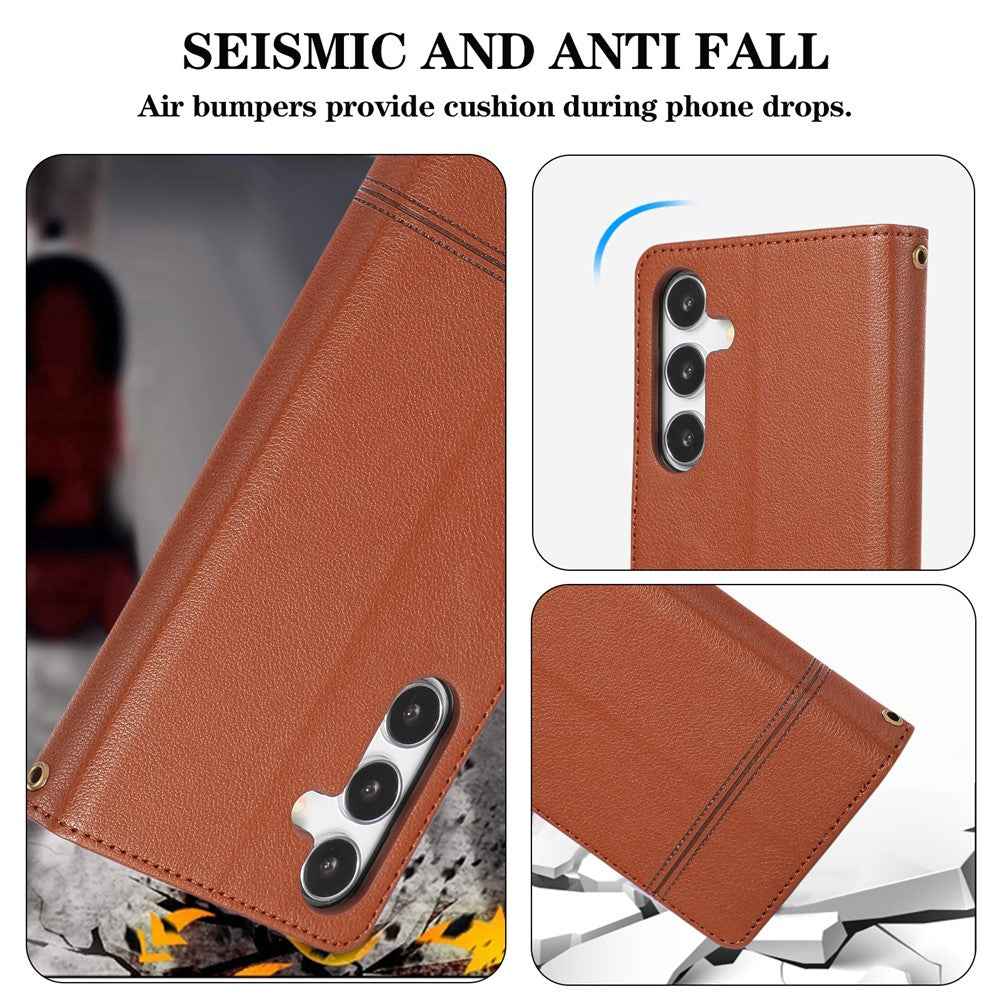 For Samsung Galaxy A57 5G Case TPU PU Leather Folio Flip Shockproof Phone Cover with Mirror - Brown