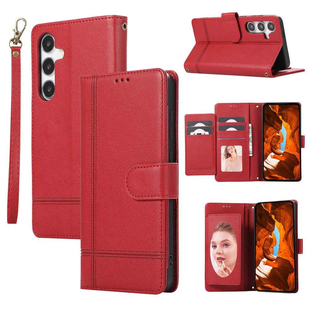 For Samsung Galaxy A57 5G Case TPU PU Leather Folio Flip Shockproof Phone Cover with Mirror - Red