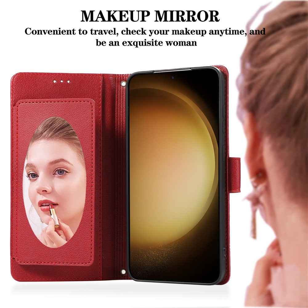 For Samsung Galaxy A57 5G Case TPU PU Leather Folio Flip Shockproof Phone Cover with Mirror - Red