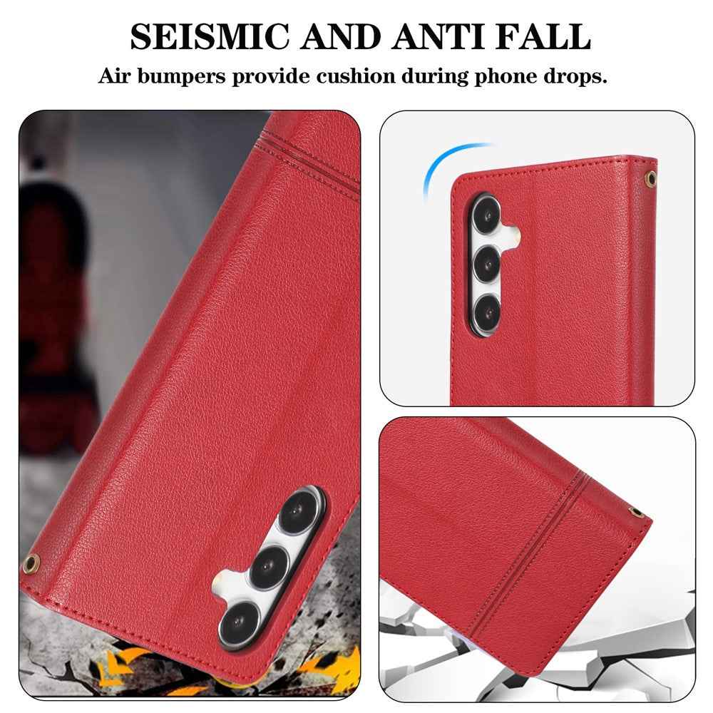 For Samsung Galaxy A57 5G Case TPU PU Leather Folio Flip Shockproof Phone Cover with Mirror - Red