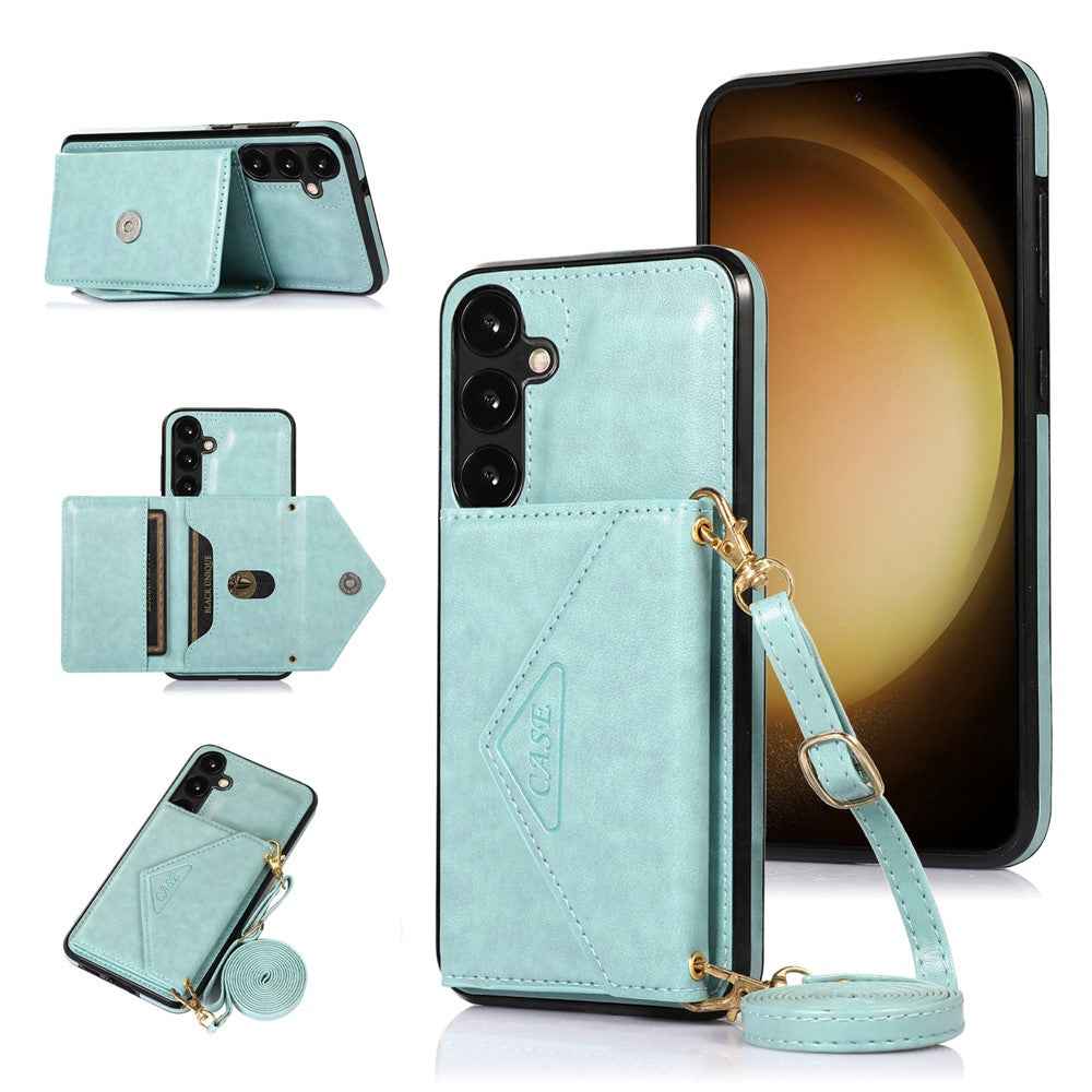 For Samsung Galaxy A57 5G Cell Phone Case Triangle Lid Card Bag Leather + TPU Cover with Long Strap - Green