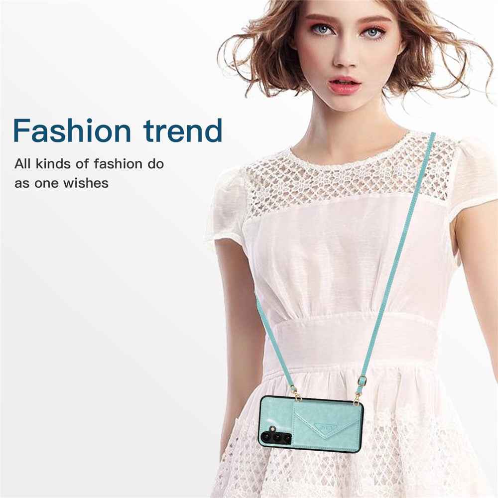 For Samsung Galaxy A57 5G Cell Phone Case Triangle Lid Card Bag Leather + TPU Cover with Long Strap - Green