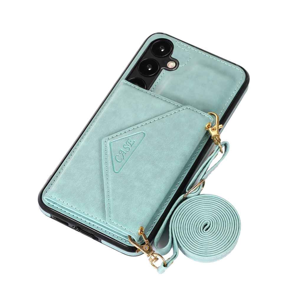 For Samsung Galaxy A57 5G Cell Phone Case Triangle Lid Card Bag Leather + TPU Cover with Long Strap - Green