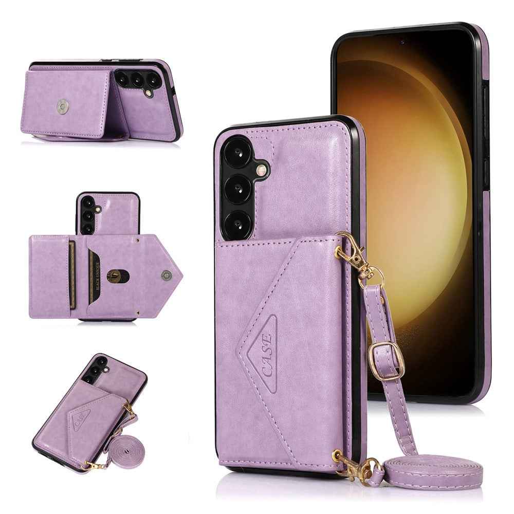 For Samsung Galaxy A57 5G Cell Phone Case Triangle Lid Card Bag Leather + TPU Cover with Long Strap - Purple