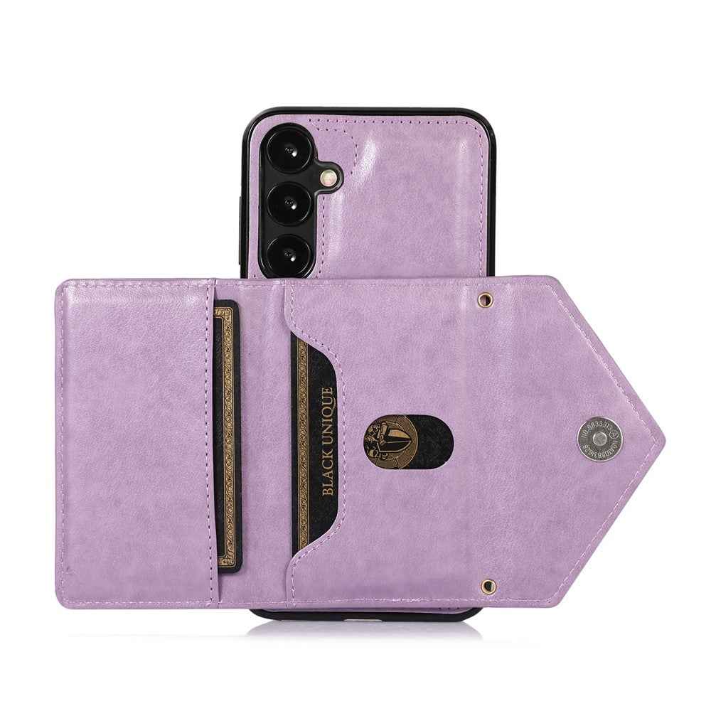 For Samsung Galaxy A57 5G Cell Phone Case Triangle Lid Card Bag Leather + TPU Cover with Long Strap - Purple